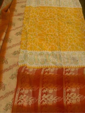 Vintage Handmade Kantha Quilt Blanket Yellow Orange Reversible Boho Cotton Throw